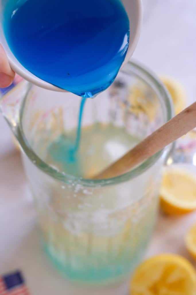 Pouring blue curacao into a glass