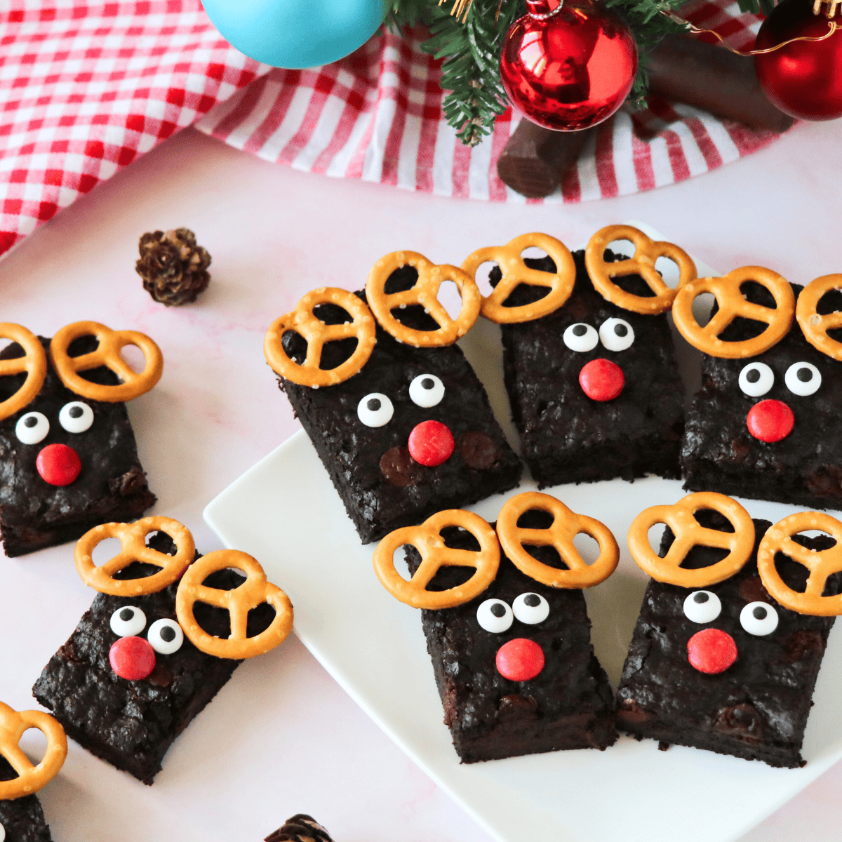 Christmas Rudolph brownies on platter