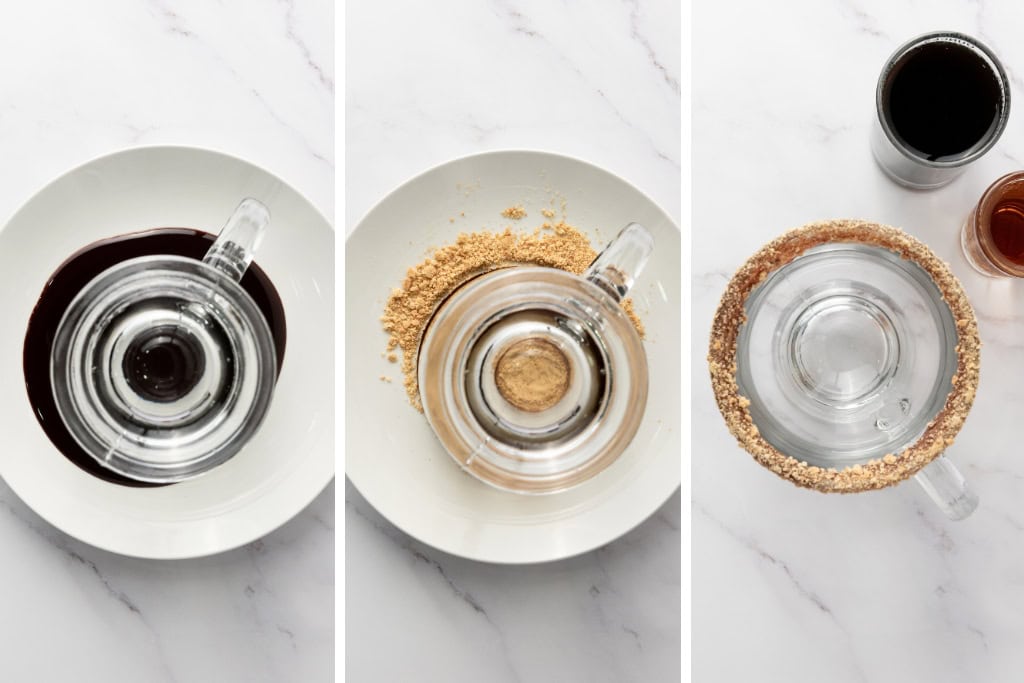 Dipping rim of mug into chocolate then graham crumbs