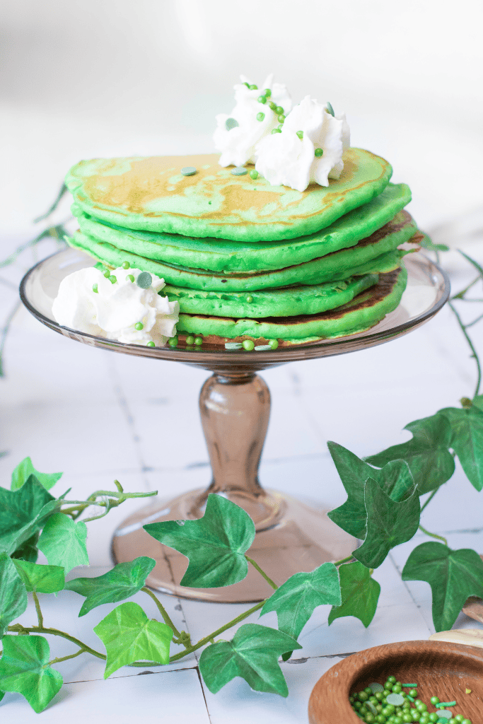 St. Patrick's Day Pancakes on a glass cake stand