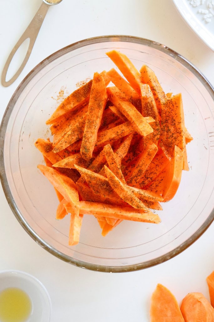 Sweet potato strips tossed with seasonings