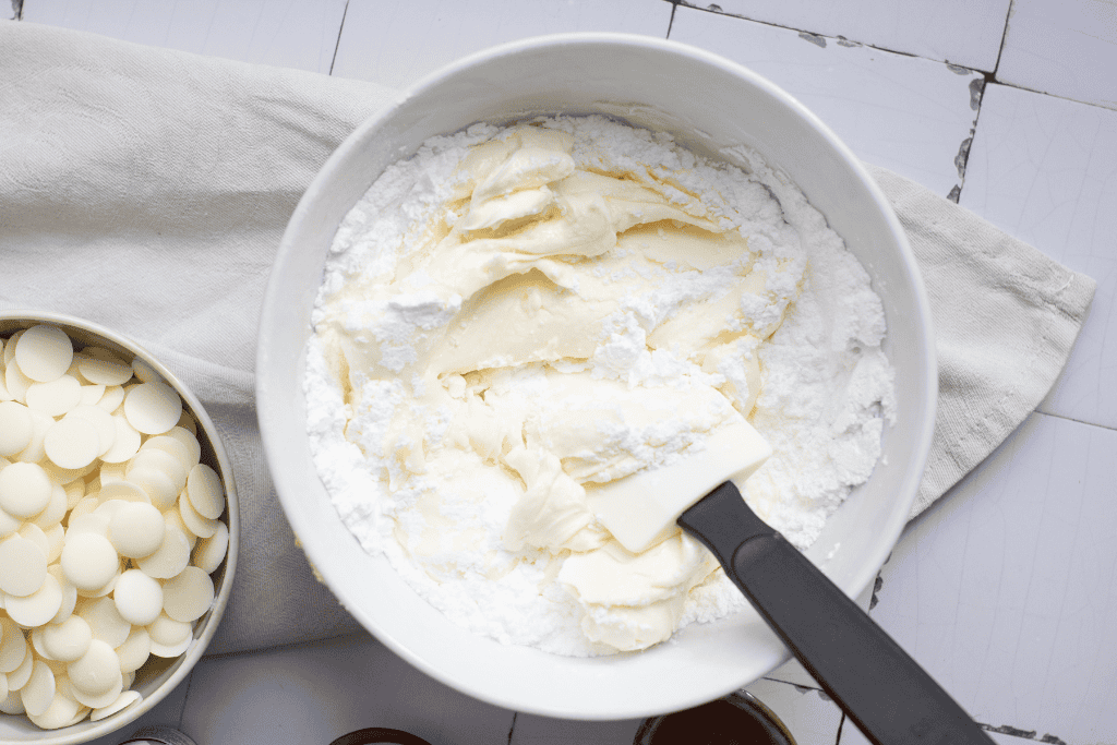 mixing up the green filling ingredients