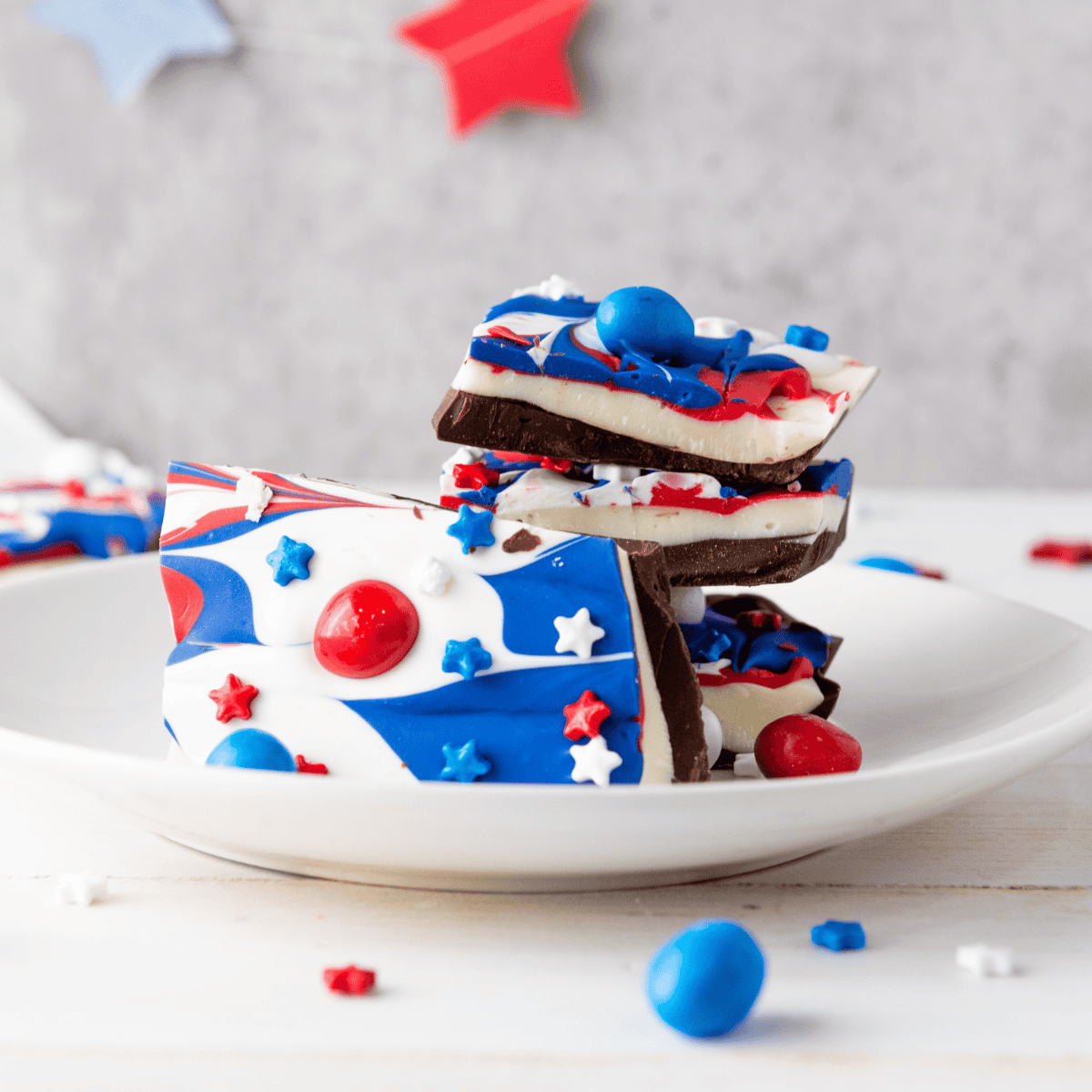 patriotic chocolate bark on a plate