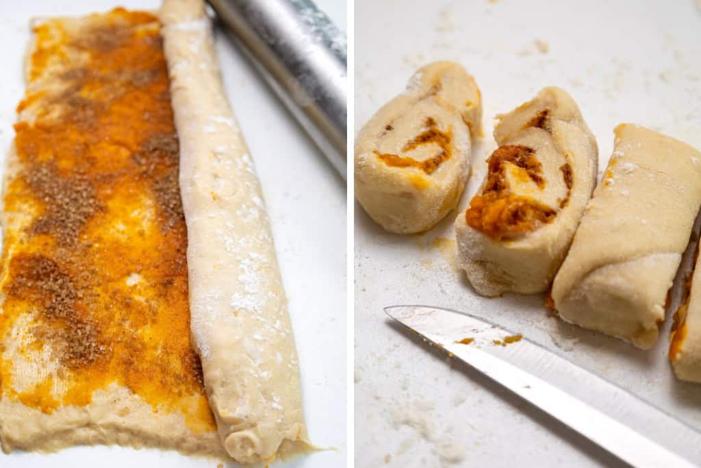 Rolling and cutting dough of Pumpkin Cinnamon Rolls