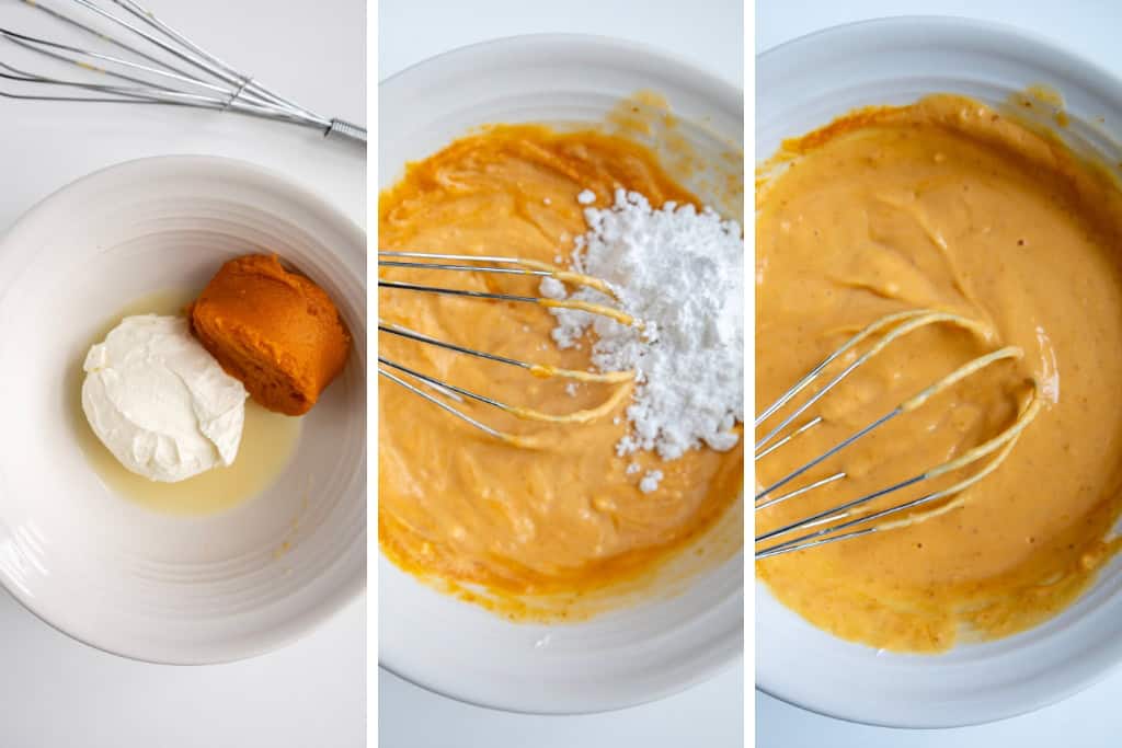 Mixing frosting ingredients for Pumpkin Cinnamon Rolls