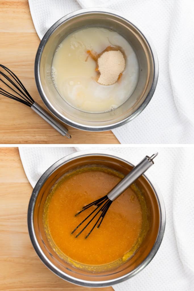 mixing wet ingredients for vegan pumpkin waffles