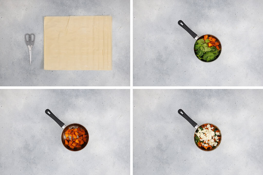 Mixing the fillings of the Pumpkin Feta Phyllo Cups