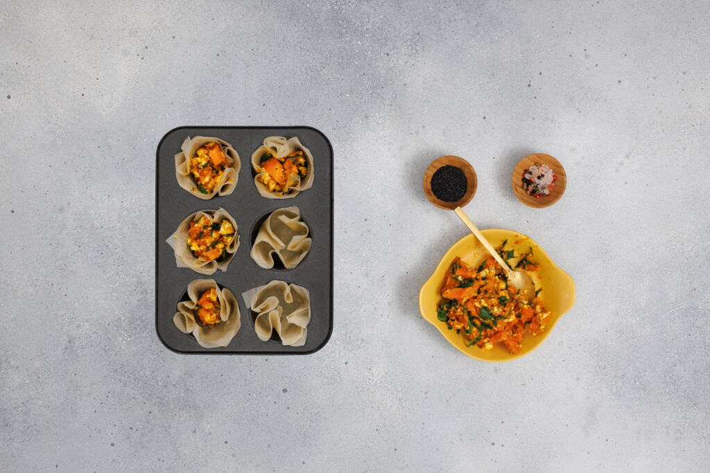 Assembling the Pumpkin Feta Phyllo Cups