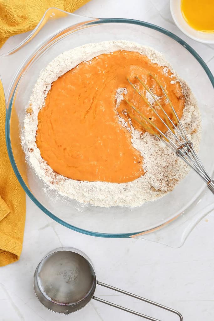 Pumpkin Pancakes combine wet and dry ingredients