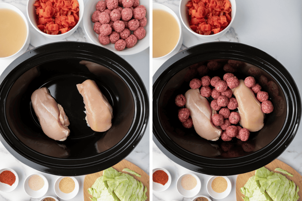 add chicken and meatballs to slow cooker