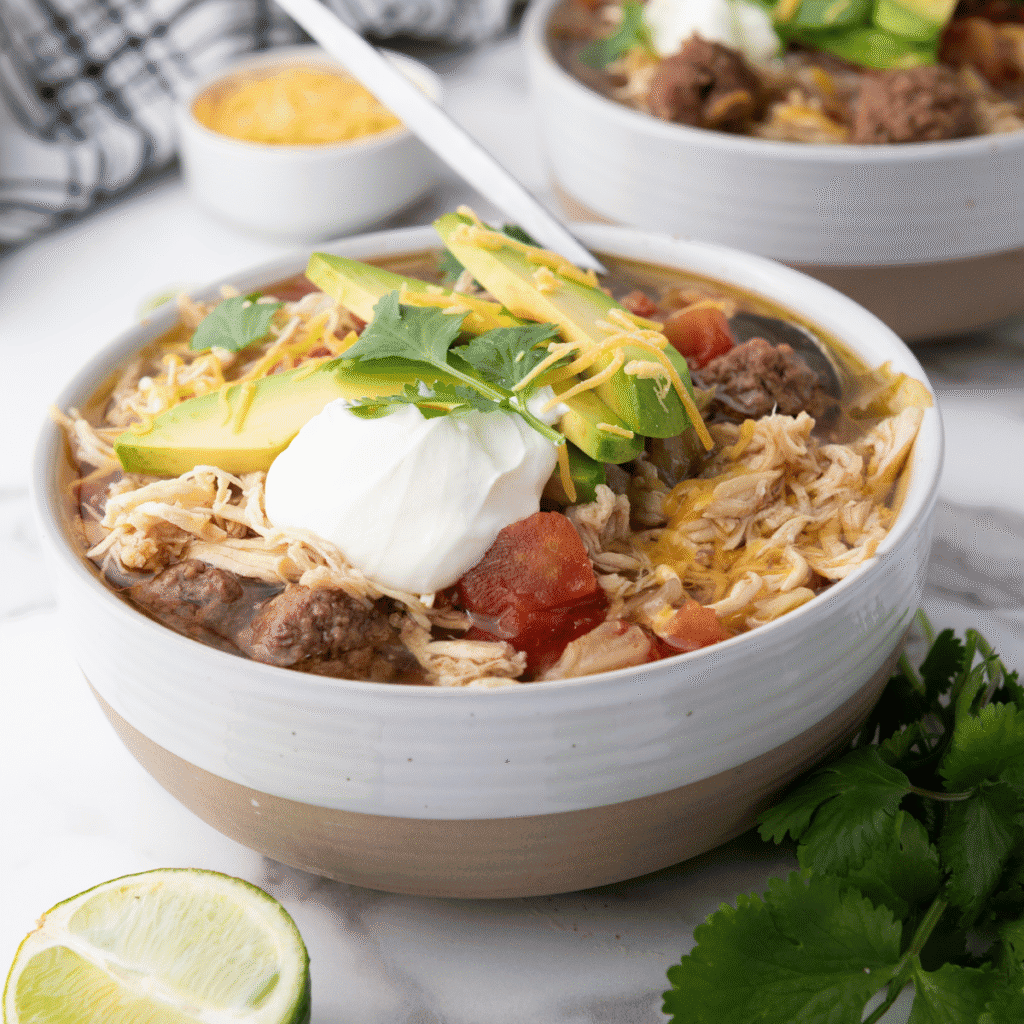 slow cooked chicken and beef taco soup