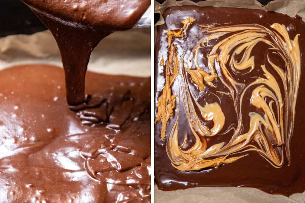 pouring butter into pan and swirling the peanut butter drizzle