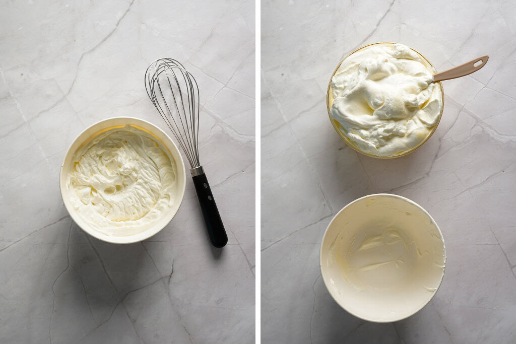 whipping the cream and folding it in to the mascarpone mixture