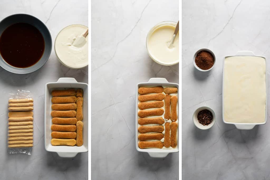 assembling the tiramisu - soaking lady fingers in espresso and layering it with the mascarpone mixture