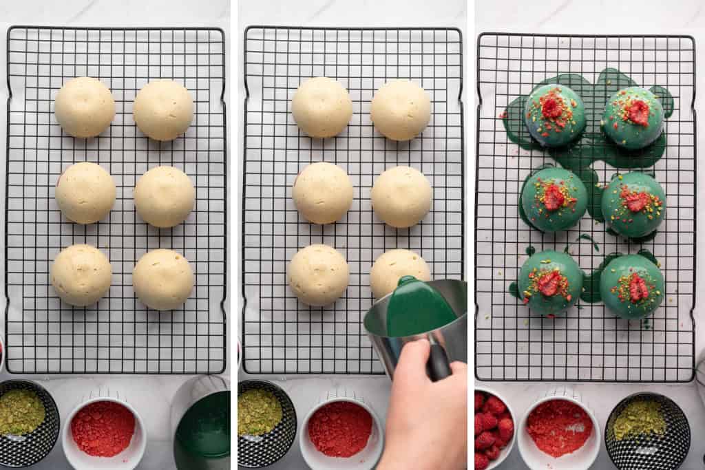 frozen domes in wire rack, pouring the glaze over each one