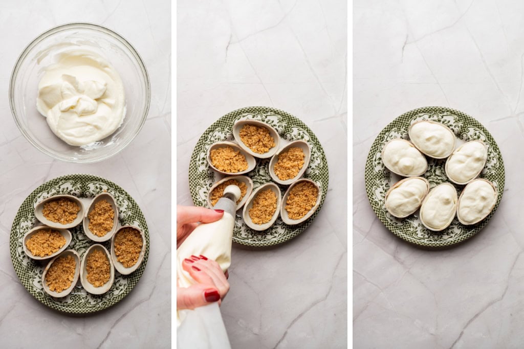 Assembling the No Bake Easter Egg Cheesecakes