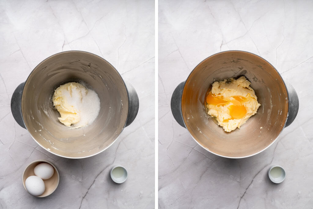butter, sugar, eggs whisked together in bowl