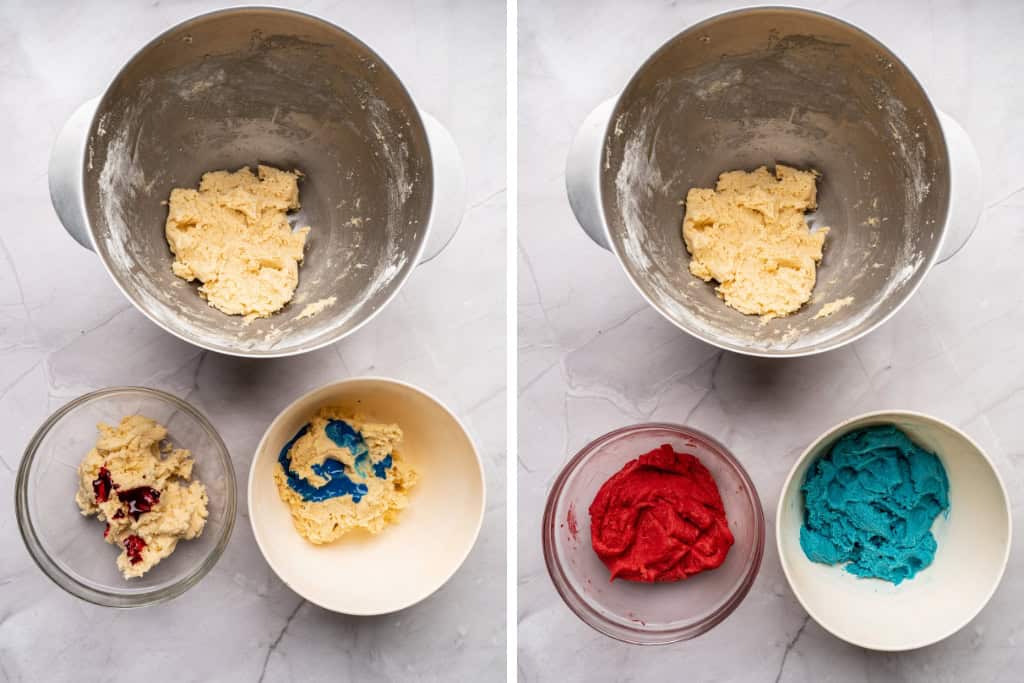 adding red and blue food color to dough
