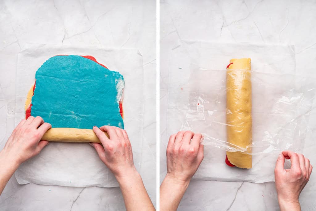 dough stack rolled into a log and wrapped in plastic wrap