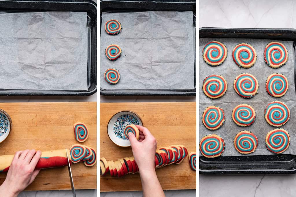 chilled dough log sliced uniformly, dipped in sprinkles, then placed in baking sheet