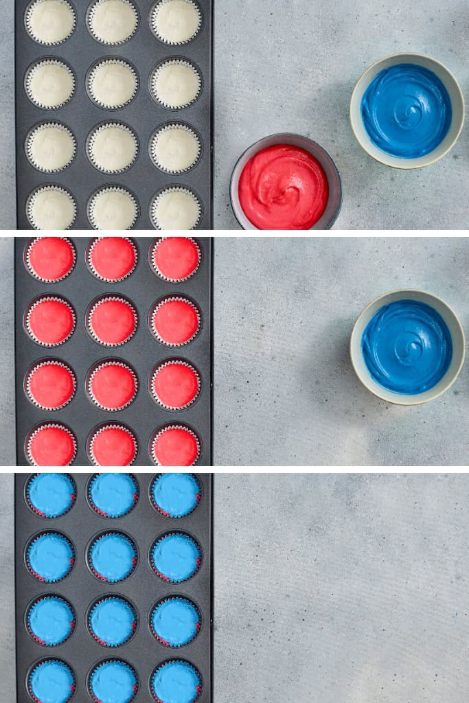 Adding the cheesecake filling to muffin liner: white, red, blue