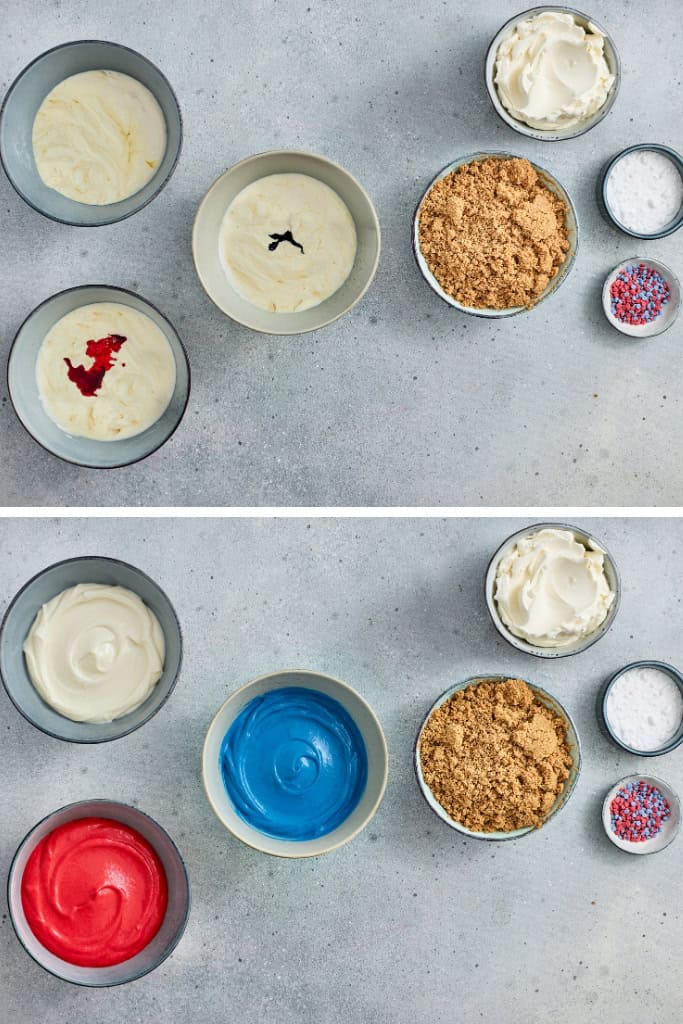 cheesecake mixture divided into 3 bowls, red and blue food coloring added