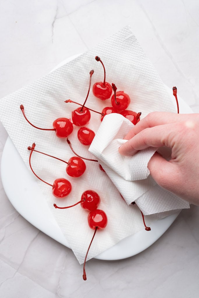 drying the cherries with paper towels