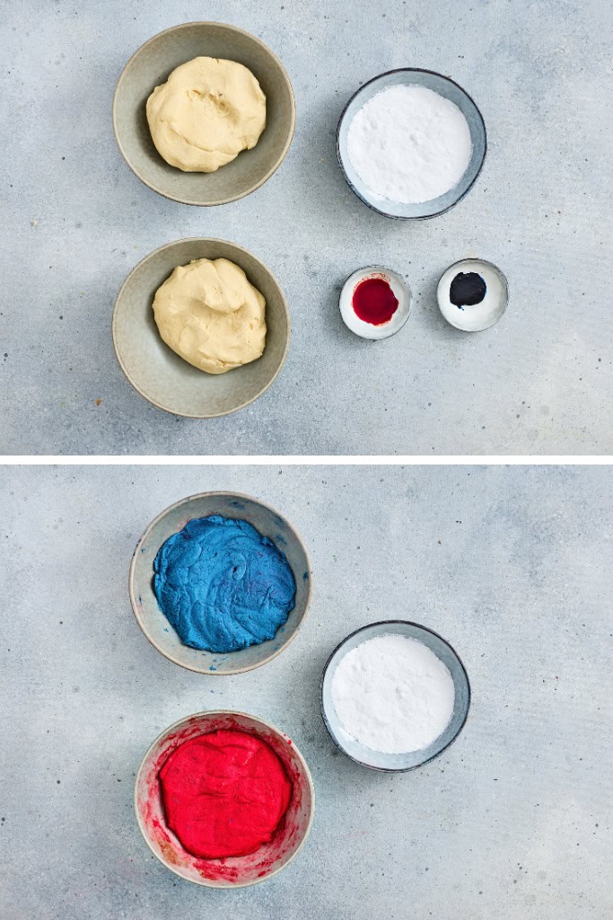 Dough divided into 2, added red and blue food coloring