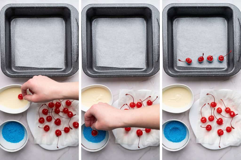 dipping the cherries in white chocolate then with blue sprinkles