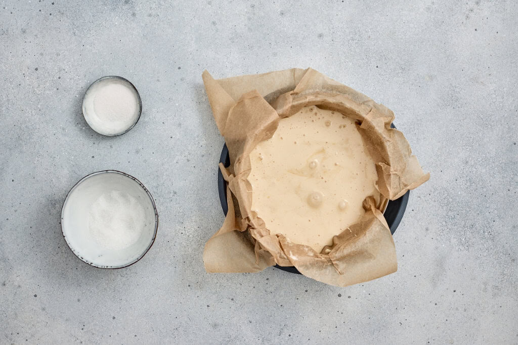 sponge cake mixture in baking pan