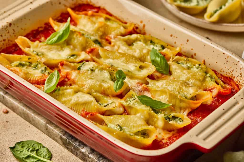 Spinach and Ricotta Stuffed Shells in baking dish