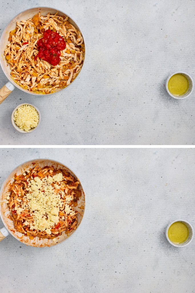adding crushed tomatoes and cheese to the pan